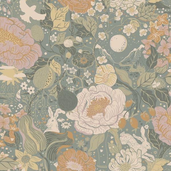 a street prints Växa Slate Rabbits & Rosehips Wallpaper