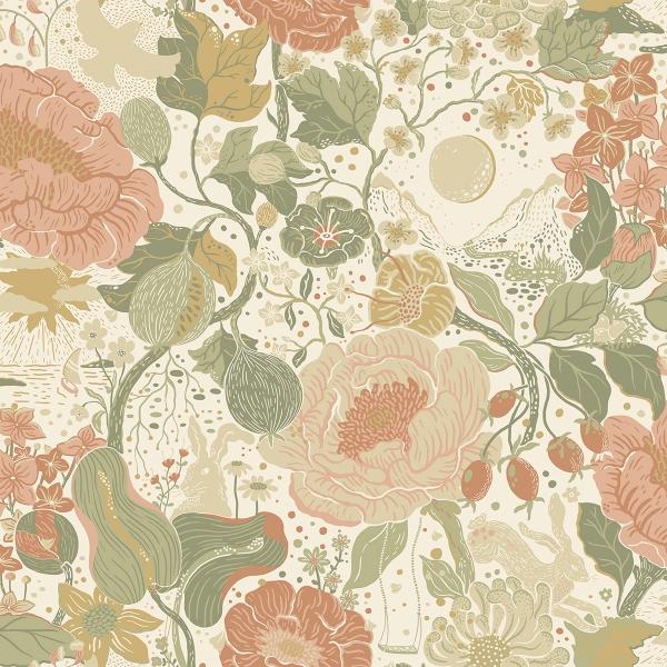 a street prints Växa Green Rabbits & Rosehips Wallpaper