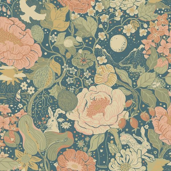 a street prints Växa Teal Rabbits & Rosehips Wallpaper