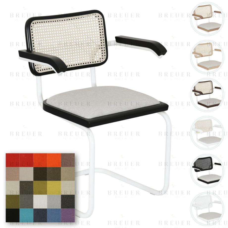 breuer Breuer Chair Company Cesca Cushion Seat & Cane Back Cantilever Armchair Armchair w/ White Frame (Various Wood Finishes Cane Colors & Upholstery Covers; Made in Italy)