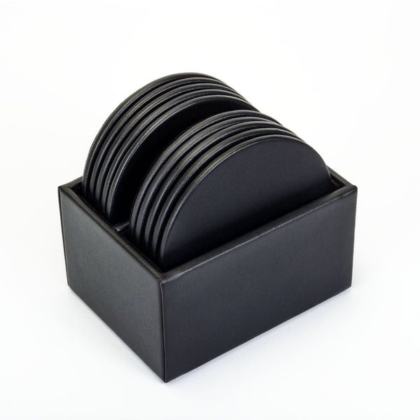 dacasso Black Leatherette 10 Round Coaster Set w/ Holder