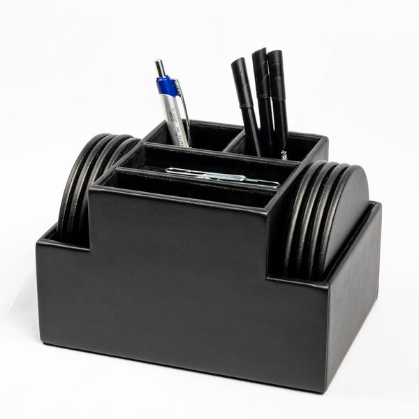 dacasso Black Leatherette 8 Round Coaster Set w/ Holder