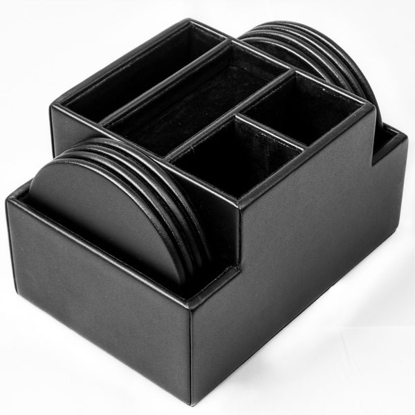 dacasso Black Leather 8 Round Coaster Set w/ Holder