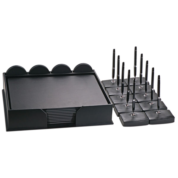 dacasso 10 Seat Black Leather Conference Room Set w/ Round Coasters and Pen Stands