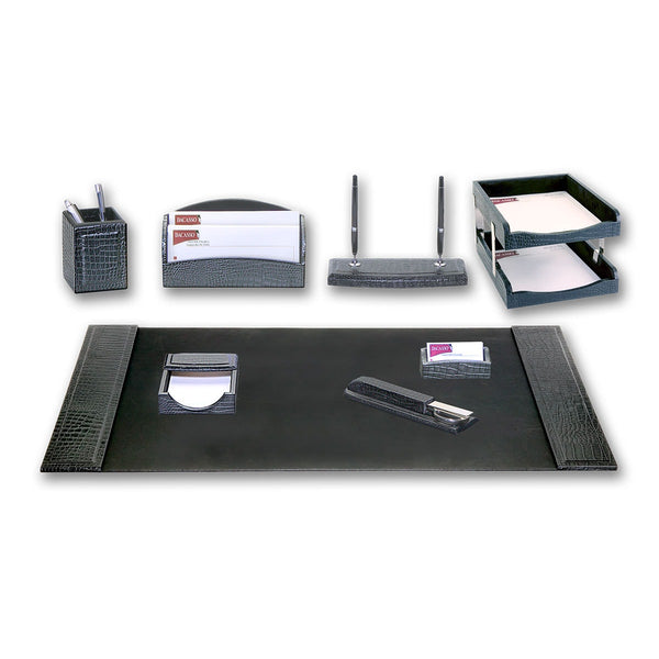 dacasso Black Crocodile Embossed Leather 10-Piece Desk Set