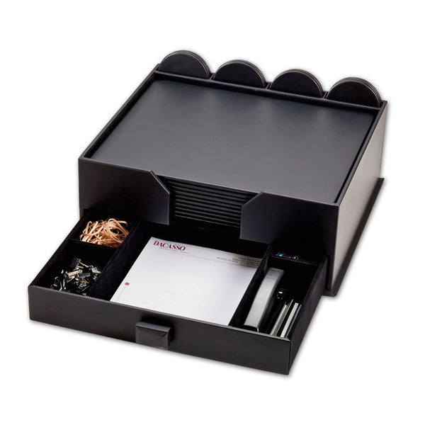 dacasso 10 Seat Black Leatherette Conference Room Set w/ Round Coasters and Drawer Holder