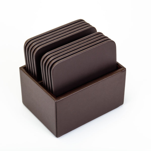 dacasso Chocolate Brown Leather 10 Square Coaster Set w/ Holder