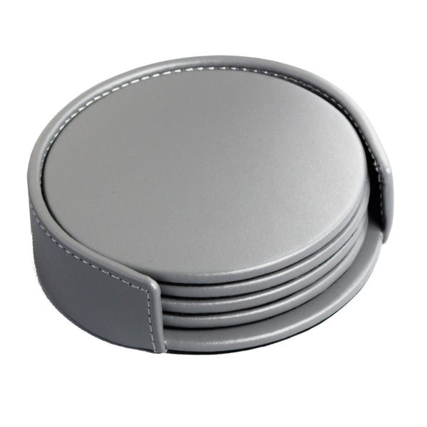 dacasso Gray Leatherette 4 Round Coaster Set w/ Holder