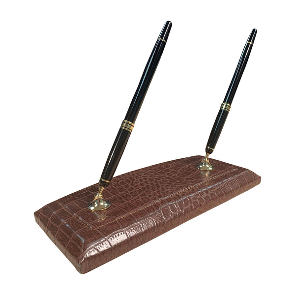 dacasso Brown Crocodile Embossed Leather Double Pen Stand