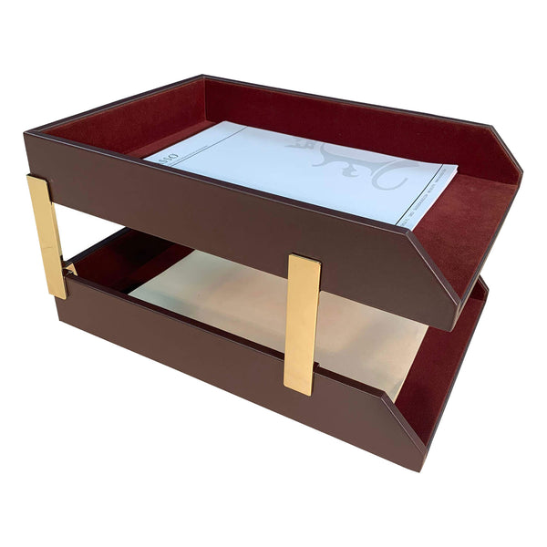 dacasso Chocolate Brown Leather Letter Trays Legal Stacking Set Gold