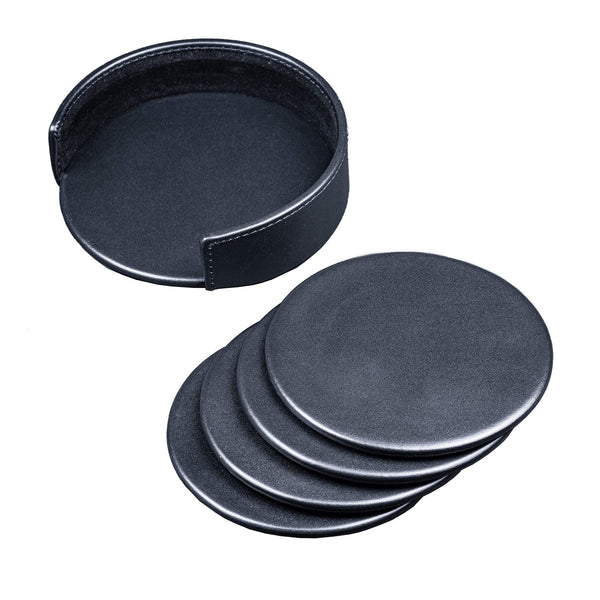 dacasso Black Leather 4 Round Coaster Set w/ Holder