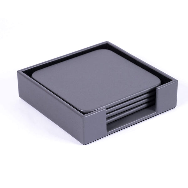 dacasso Gray Leatherette 4 Square Coaster Set w/ Holder