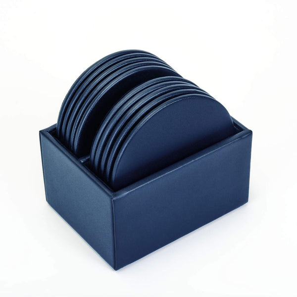 dacasso Navy Blue Leatherette 10 Round Coaster Set w/ Holder