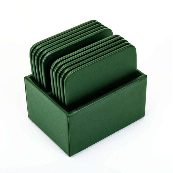 dacasso Dark Green Leather 10 Square Coaster Set w/ Holder