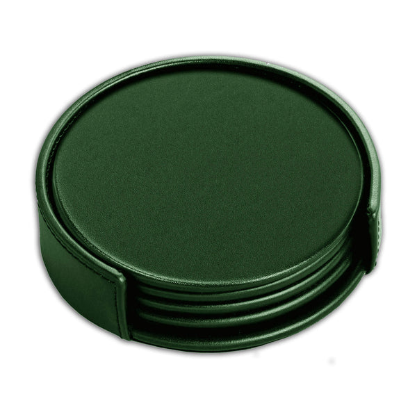 dacasso Dark Green Leatherette 4 Round Coaster Set w/ Holder