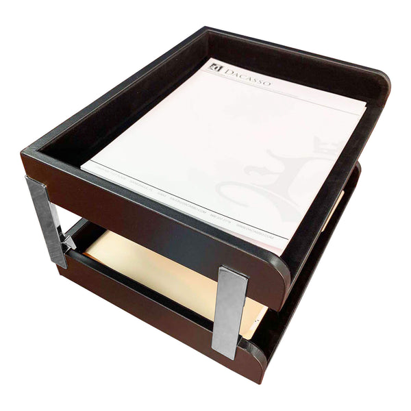 dacasso Classic Black Leather Letter Tray Side Load Stacking Set Silver