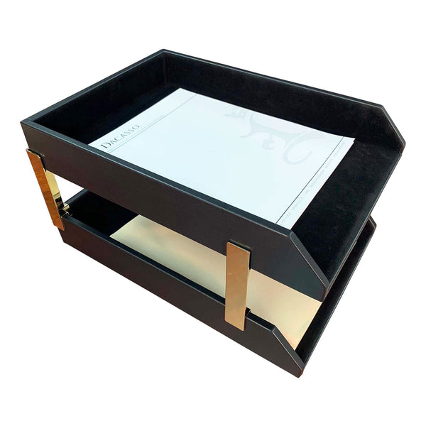 dacasso Classic Black Leather Letter Trays Legal Stacking Set Gold