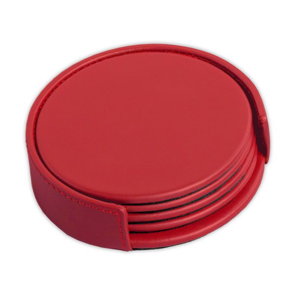 dacasso Red Leather 4 Round Coaster Set w/ Holder
