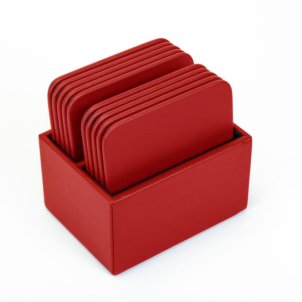 dacasso Red Leather 10 Square Coaster Set w/ Holder