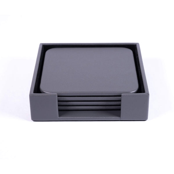 dacasso Gray Leather 4 Square Coaster Set w/ Holder
