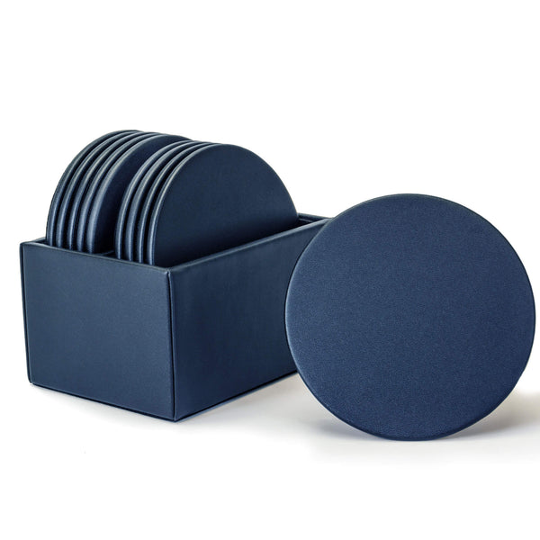 dacasso Navy Blue Leather 10 Round Coaster Set w/ Holder
