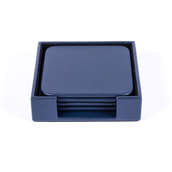 dacasso Navy Blue Leather 4 Square Coaster Set w/ Holder