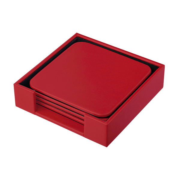 dacasso Red Leatherette 4 Square Coaster Set w/ Holder
