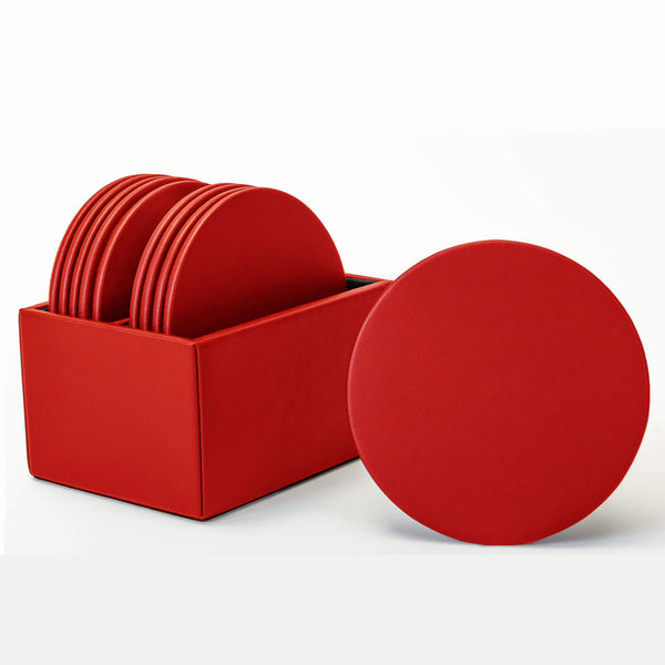 dacasso Red Leather 10 Round Coaster Set w/ Holder