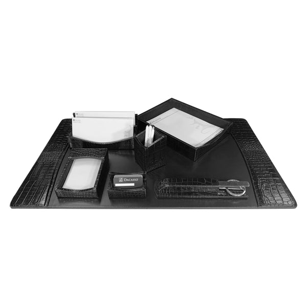 dacasso Protacini Black Italian Crocodile Leather 7-Piece Desk Set