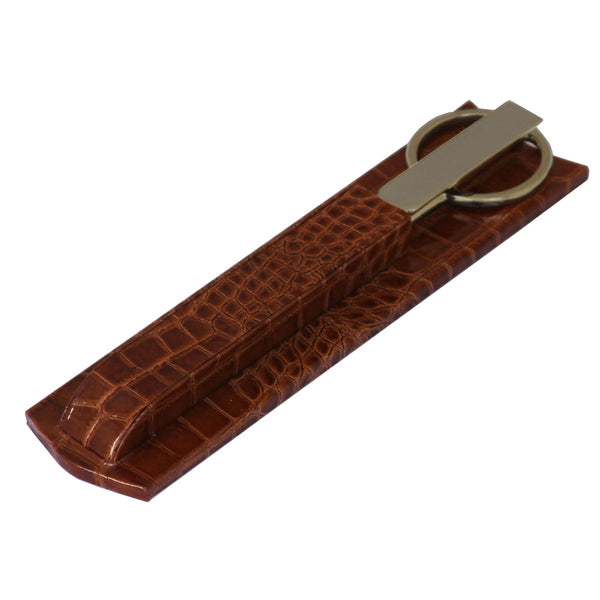 dacasso Protacini Cognac Brown Italian Crocodile Leather Library Set - Silver