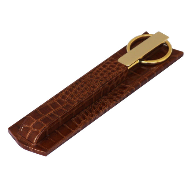 dacasso Protacini Cognac Brown Italian Crocodile Leather Library Set - Gold